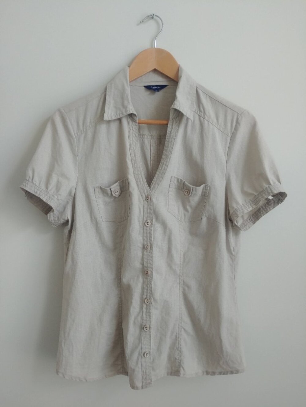 Reitmans linen cotton short sleeve button down shirt blouse flax oatmeal Medium